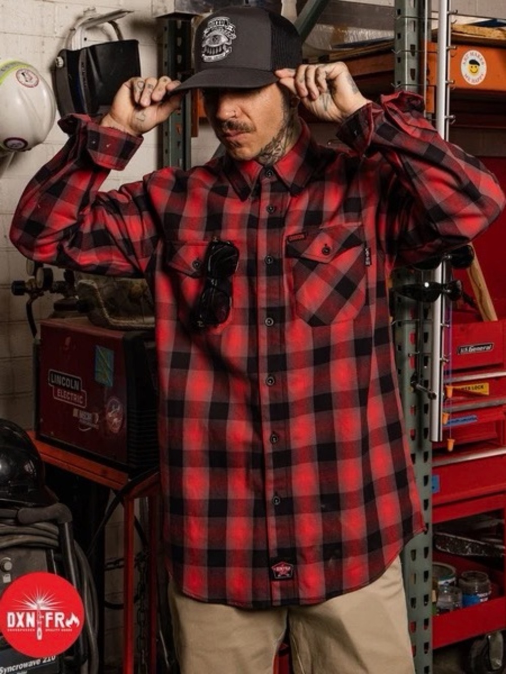 Dixxon MAGMA Men's Red and Black Plaid Work Shirt - Casual Button-Up